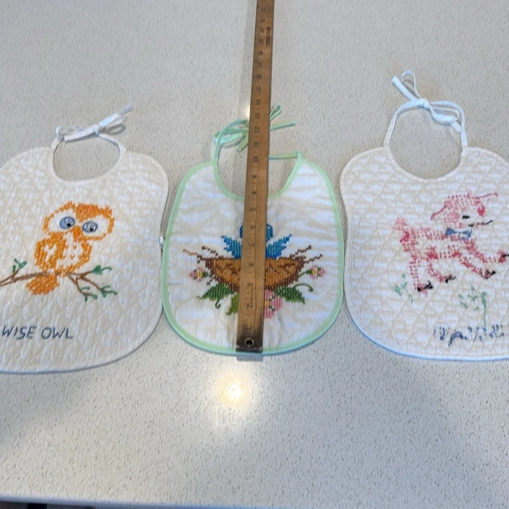 Vintage Cross Stitch Embroidered Baby Little Lamb Wise Owl baby blue bird set 3